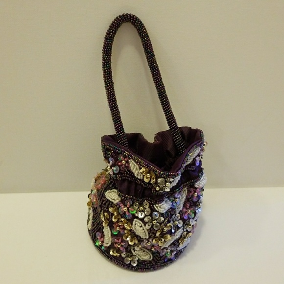 Mascotte Small Handbag Silk Purple Beads crafted - Picture 3 of 8